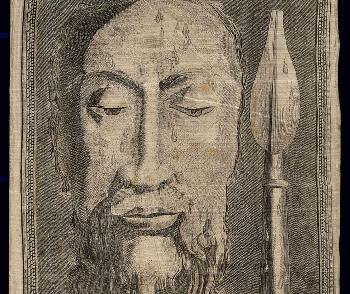 A solemn bearded face with closed eyes is illustrated on aged fabric, with tear-like drops and a spear beside it.