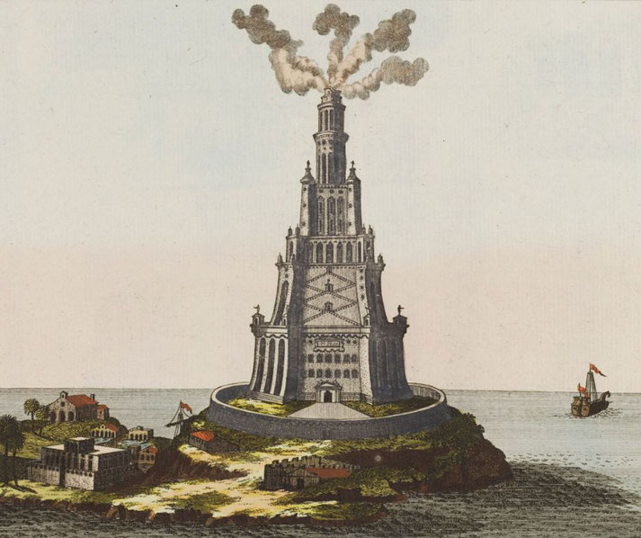 Illustration of a tall, multi-tiered lighthouse with smoke plumes atop a small island, surrounded by buildings and the sea.