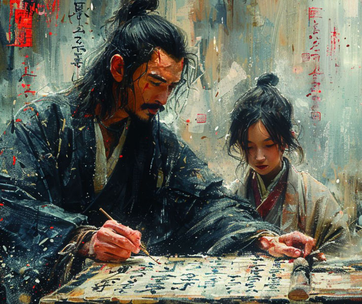 Japanese man teaching their child to write