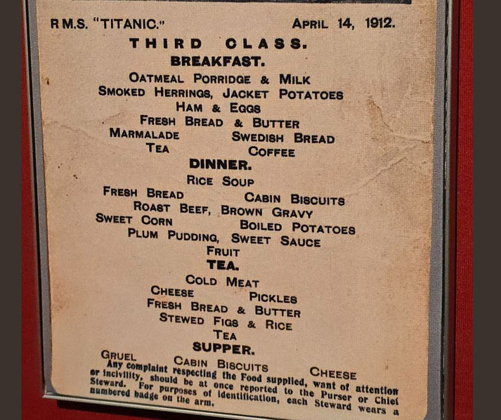 Titanic third-class menu from April 14, 1912, listing simple meals like oatmeal porridge, rice soup, roast beef, plum pudding, tea, and gruel, reflecting modest fare for passengers.