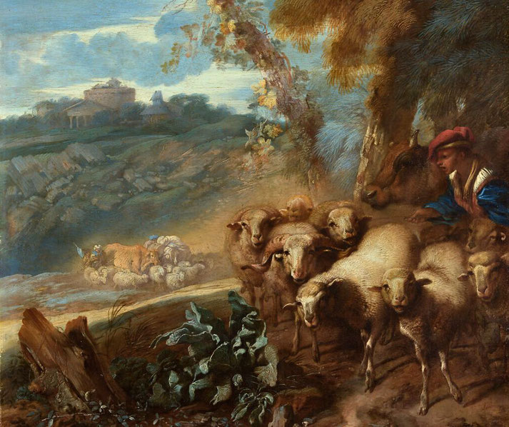 A shepherd in a red cap guiding his sheep along a rugged landscape, with ancient ruins in the background.