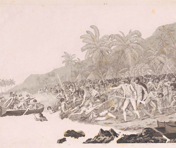 A historical engraving depicting a violent conflict between European explorers and indigenous islanders on a tropical shore.