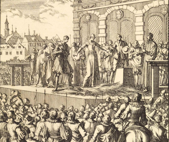 A historical engraving depicts a public execution, with a blindfolded woman reaching out as she is led to the block.