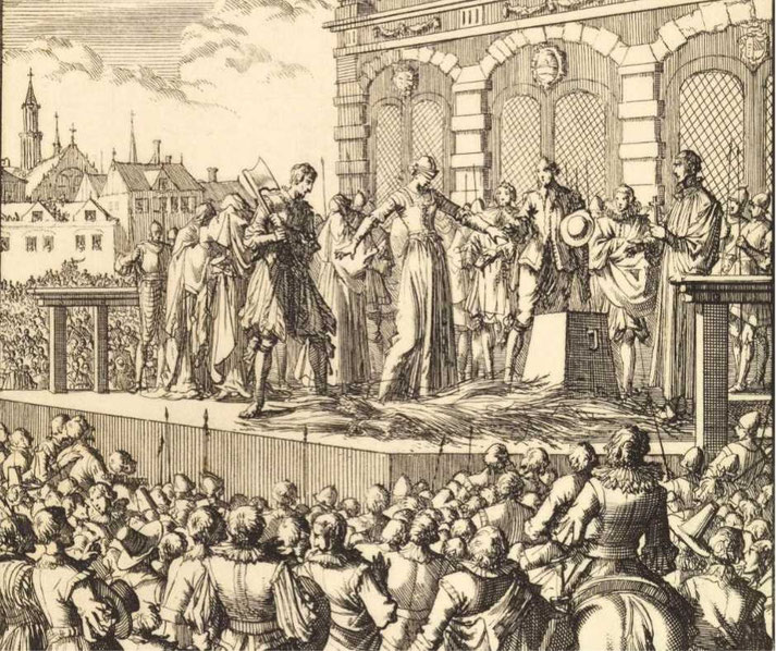 A historical engraving depicts a public execution, with a blindfolded woman reaching out as she is led to the block.