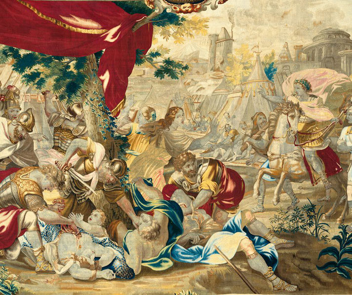 A 17th-century tapestry portrays Roman forces led by Titus and Vespasian during the brutal siege of Jerusalem, depicting the city's destruction and the suffering of its inhabitants.