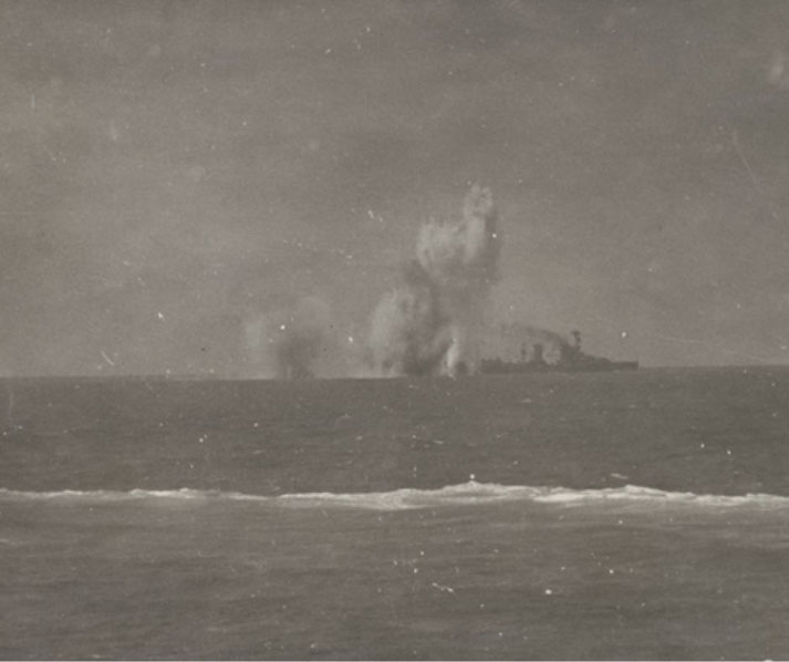 Japanese bombs descend near Dutch cruiser Java during the 1942 Battle of the Java Sea.