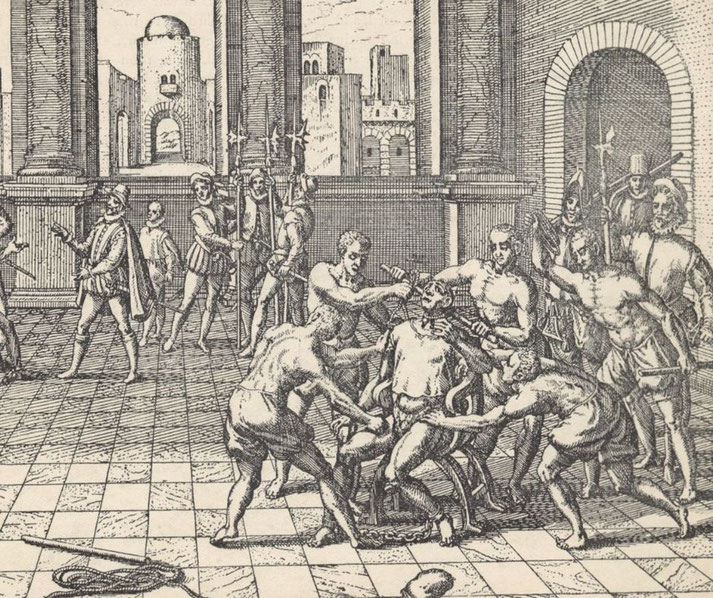 A historical engraving depicting the execution of Inca ruler Atahualpa by strangulation, ordered by Francisco Pizarro, with Spanish soldiers and indigenous captors surrounding him.