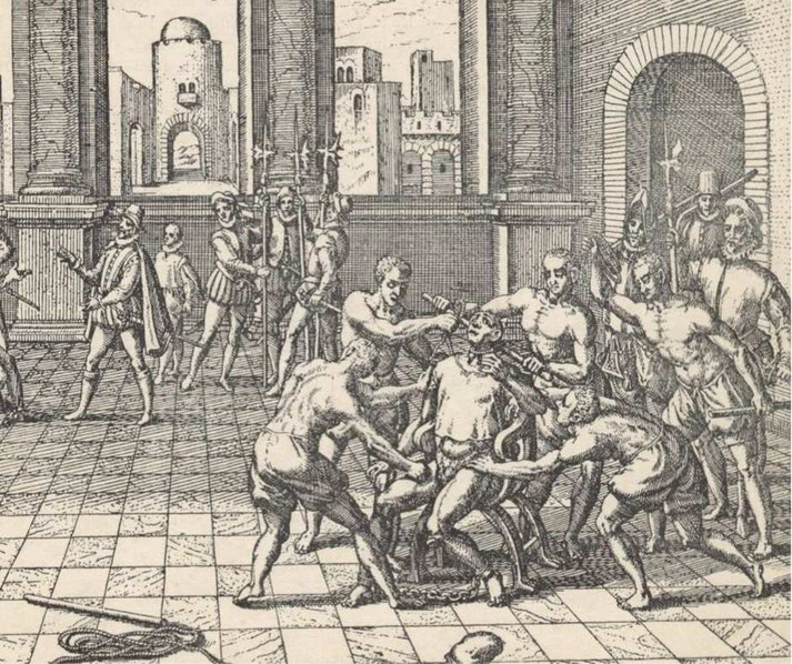 A historical engraving depicting the execution of Inca ruler Atahualpa by strangulation, ordered by Francisco Pizarro, with Spanish soldiers and indigenous captors surrounding him.