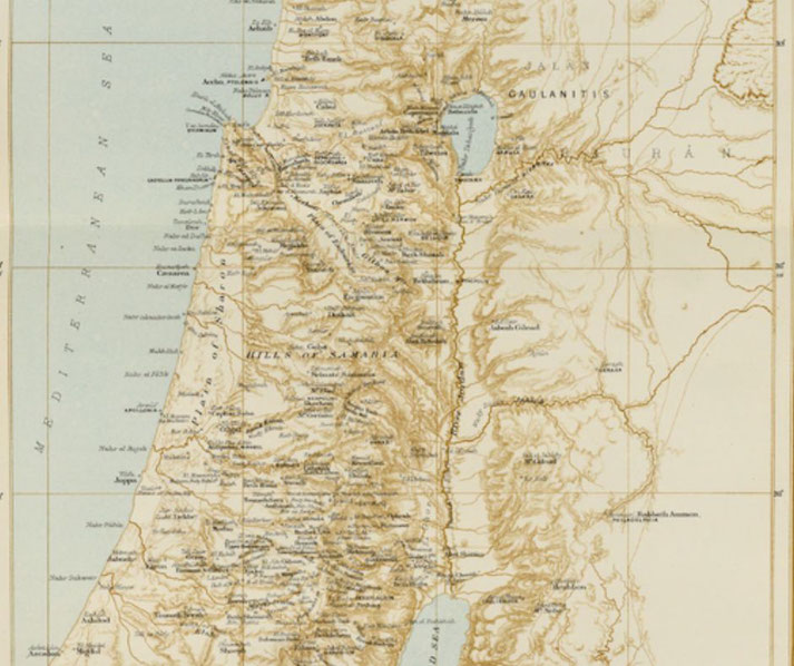 A detailed historical map showing geographic features and city names across ancient Israel and surrounding regions near the Mediterranean.