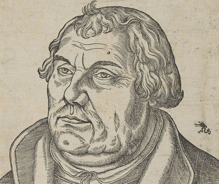 An old engraving of Martin Luther, depicting him with wavy hair, a solemn expression, and wearing a robe.