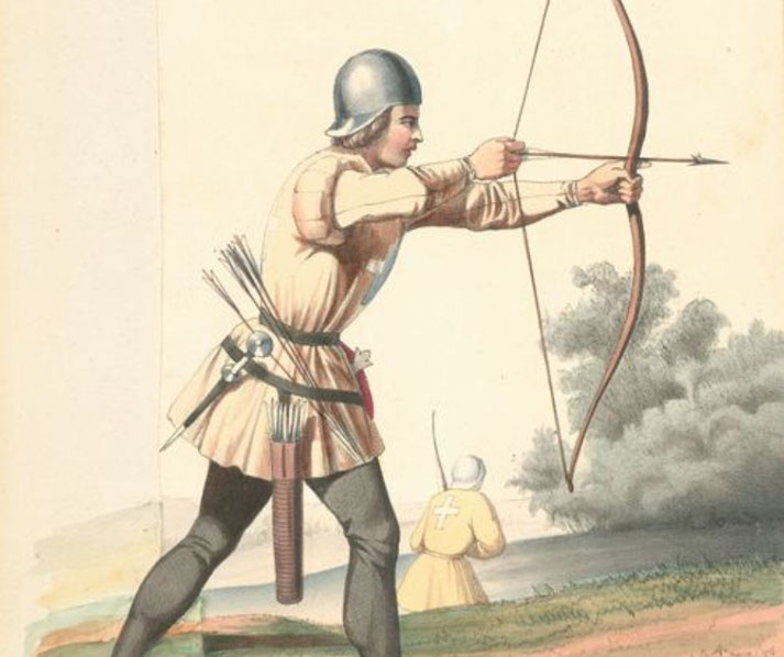 A medieval archer in a helmet and tunic aims his longbow, with a quiver of arrows and a dagger at his waist. Another figure in a yellow robe with a cross kneels nearby.