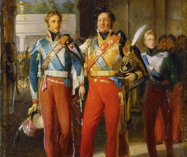 King Louis-Philippe of France with his sons, the Duke of Chartres and the Duke of Nemours, in ornate military uniforms, exuding royal authority and grandeur in a ceremonial setting.