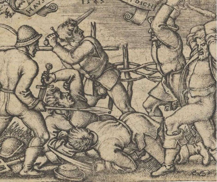 A chaotic medieval combat scene with armored figures engaged in close-quarter sword fighting, illustrating violence and struggle in a highly detailed historical style.