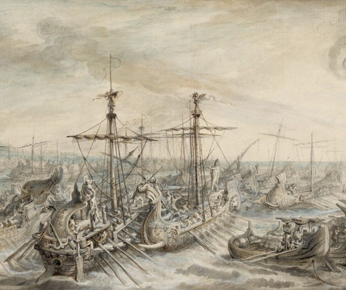 A horizontal drawing showing dozens of ancient warships clashing at sea; the Roman fleet fights the Carthaginians near Cape Ecnomus, with dramatic waves and ship‑ramming action.