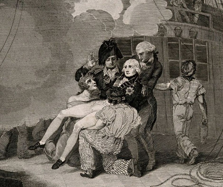 Engraving of naval officers tending to a wounded man aboard a ship, with dramatic expressions and dynamic poses emphasizing urgency and distress.