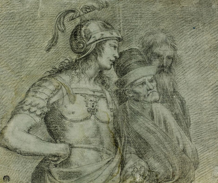 Alcibiades, in armor, converses with two seated philosophers in a classical interior, highlighting their intellectual exchange.