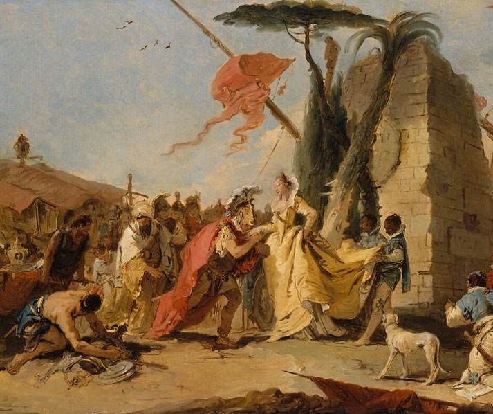 Tiepolo's oil sketch portrays the encounter of Antony and Cleopatra, blending European aesthetics with classical themes.