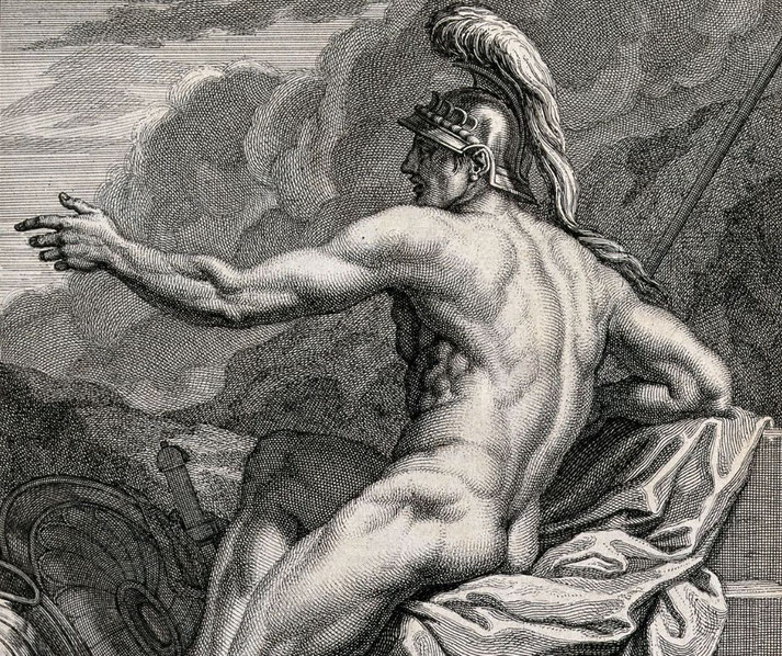 Mars (Ares), the god of war, seated with a muscular form, wearing a plumed helmet. His outstretched arm suggests command, while a sword and shield rest beside him.