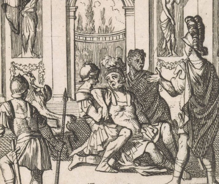 A wounded or dying man in armor is supported by others inside a decorated hall as soldiers and figures react around him.