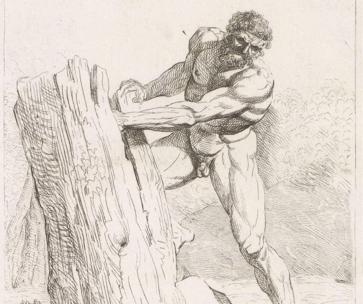 Milo of Croton struggling with his hand trapped in a tree trunk. His tense muscles and pained expression highlight his failed test of strength.
