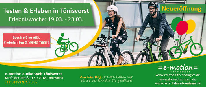 Neueröffnung der e-motion e-Bike Welt Tönisvorst - Erlebniswoche vom 19.03. bis 23.03.
