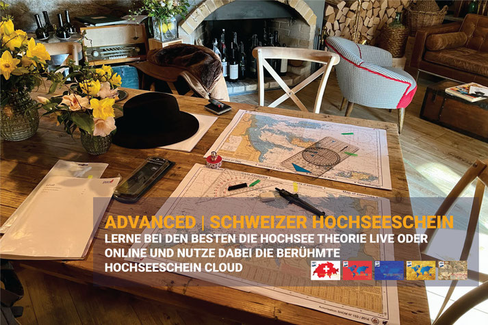 Hochseeschein Theorie-Ausbildung beim HOZ mit Seekarten, Navigationsbesteck und Zugang zur HOZ Hochseeschein Cloud.