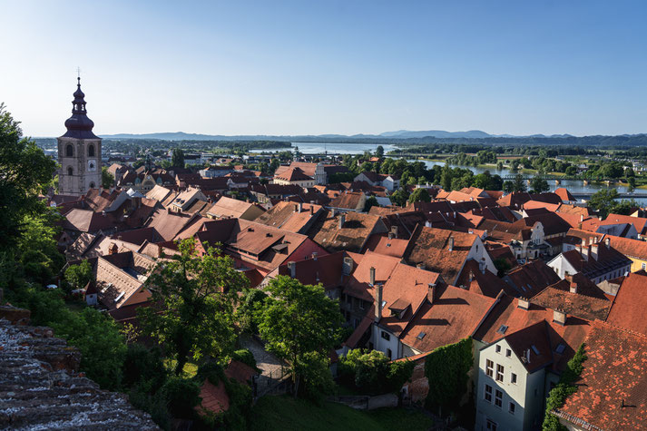 Noch einmal Blick von der Burganlage am frühen Morgen auf das historische Zentrum von Ptuj