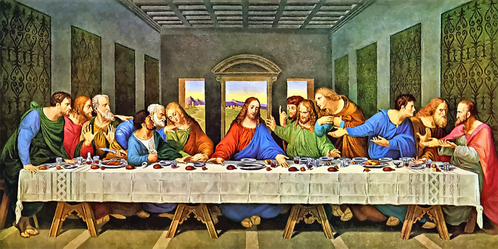 Famous painting of Jesus seated at a long table with his twelve disciples, depicting the moment of the Last Supper.