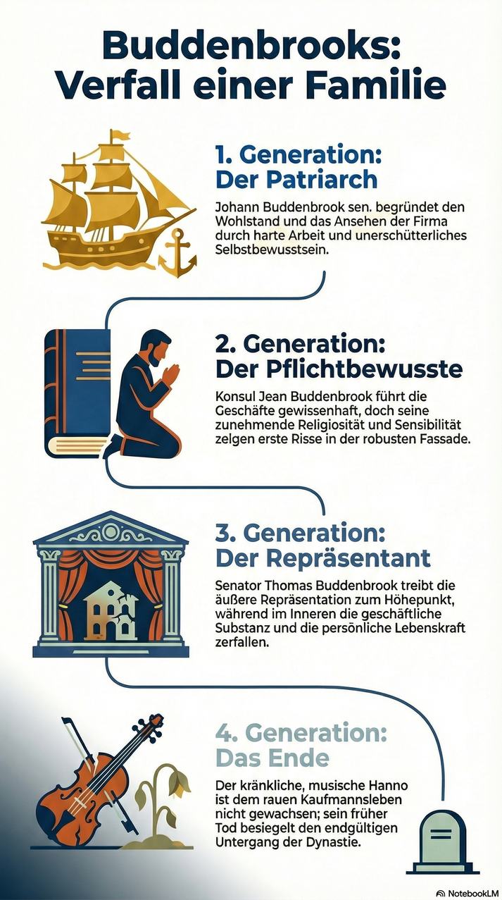 Detaillierte Zusammenfassung von Thomas Manns Buddenbrooks als Lesehilfe für Schüler und Interessierte