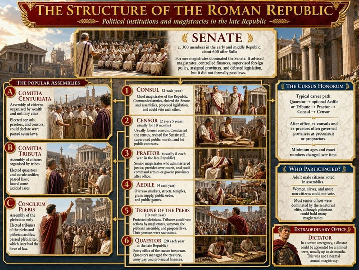 An infographic detailing the Roman Republic’s structure, showing Senate, assemblies, magistrates, and cursus honorum with illustrated scenes and labeled sections.
