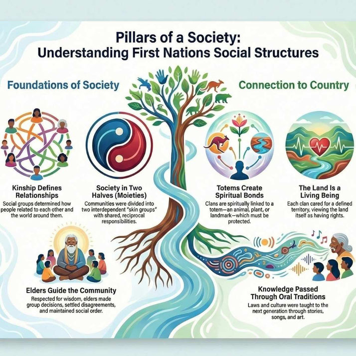 An illustrated guide shows six key elements of First Nations social structures, divided into societal foundations and connection to country, centered around a symbolic tree.