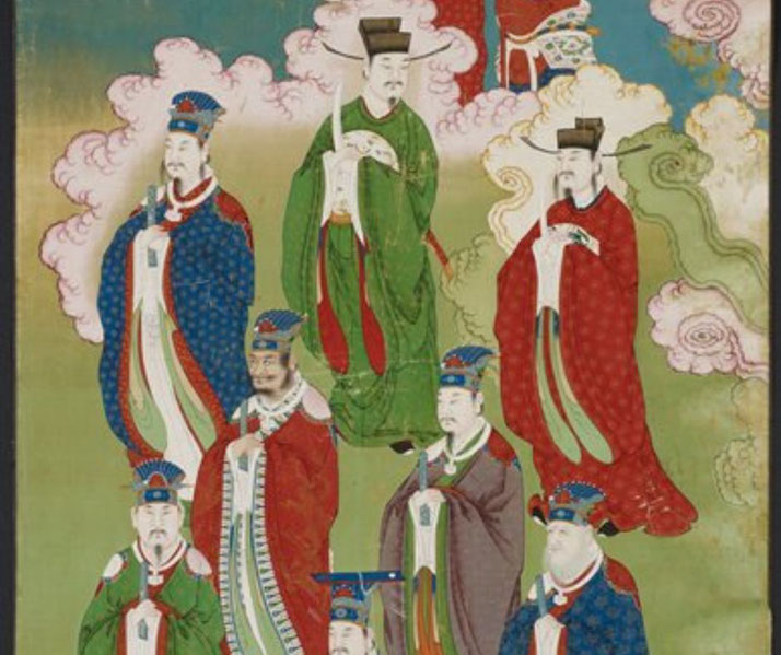 A traditional Chinese painting of the Exalted Emperors and the Gods of the Five Directions, dressed in colorful robes, surrounded by swirling clouds.