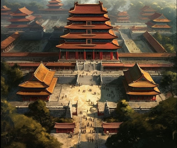 A grand Chinese palace complex with red and gold rooftops, wide courtyards, and staircases, resembling the Forbidden City.