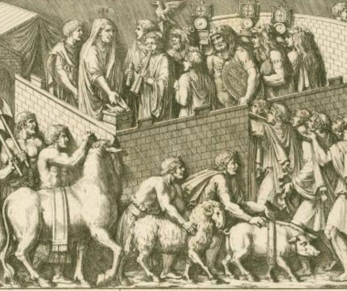 Detailed engraving of an ancient sacrificial procession with robed figures, livestock, and symbols, ascending steps toward a ceremonial altar.