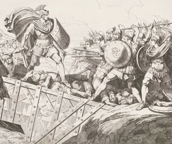 Etching by Bartolomeo Pinelli showing Horatius Cocles defending the Pons Sublicius against Etruscan forces.