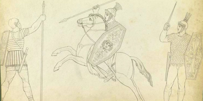 Roman soldiers, including infantry with spears and shields and a cavalryman on horseback wielding a spear. 
