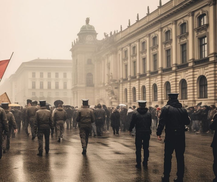 A crowd marching through the street of a Germany city