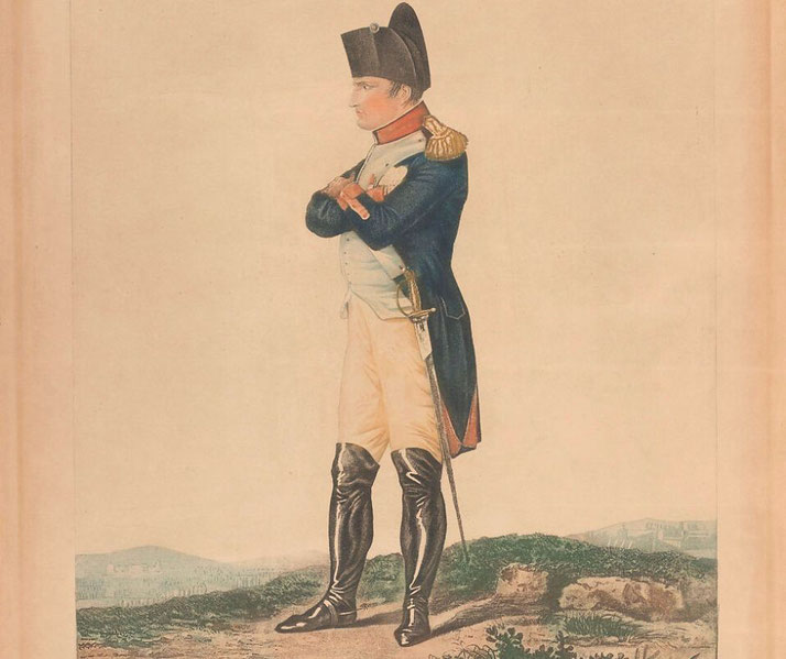 Napoleon I standing with arms crossed, dressed in his military uniform with a bicorne hat, boots, and a sword.