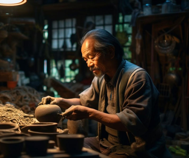 A skilled artisan from the Gong class, meticulously crafting a piece of pottery