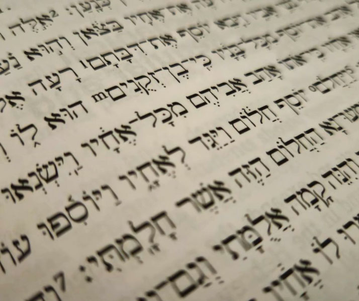 A close-up of an open book with Hebrew text, written in traditional script, focusing on the details of the letters, with a soft depth of field and a blurred background.