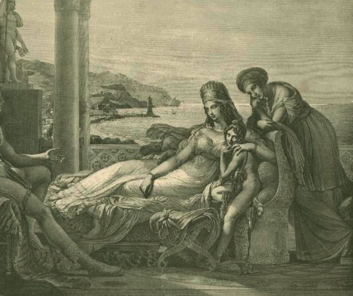 Aeneas recounting his tale to Queen Dido, who reclines on a couch with her child beside her.