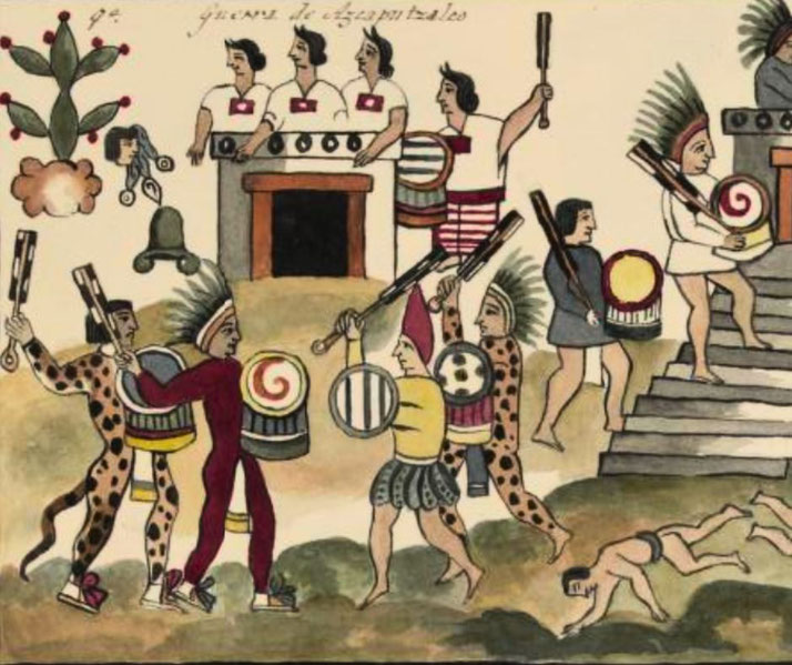 A historical illustration depicting an Aztec battle. Jaguar and Eagle Warriors wield macuahuitl clubs, while captives are taken for sacrifice. Priests and nobles observe from a temple platform.