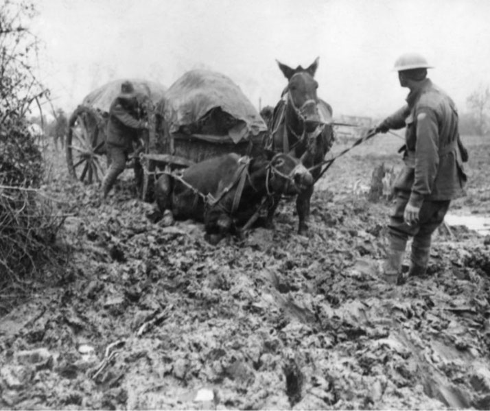 Two soldiers struggle to move a wagon through deep mud as a horse collapses, highlighting harsh conditions during World War I.