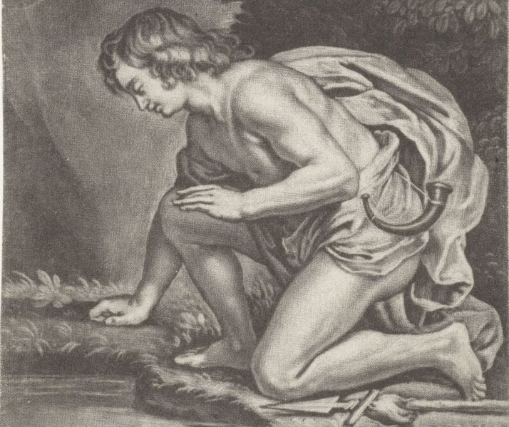 Narcissus gazing at his reflection in a pool. Kneeling with a serene expression, he is draped in a flowing cloth.