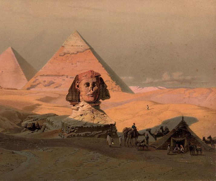 Vintage illustration of the Great Sphinx and pyramids in Egypt, with camels, people, and tents in the desert foreground.