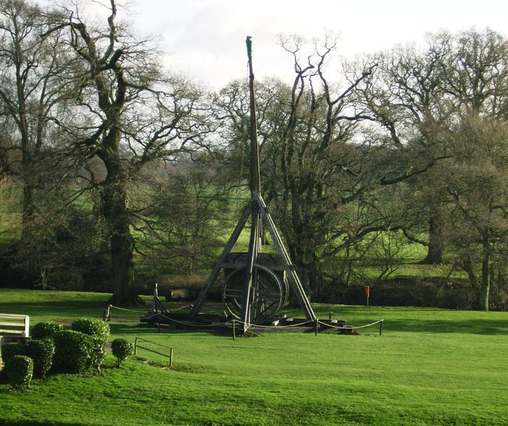 A medieval-style wooden trebuchet stands on a grassy field, surrounded by bare trees and a serene countryside backdrop, showcasing a historical siege weapon in a peaceful setting.