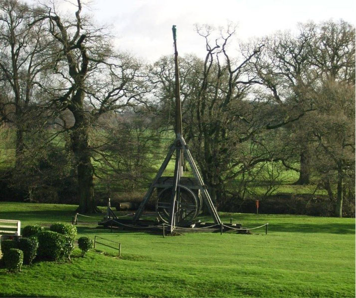 A medieval-style wooden trebuchet stands on a grassy field, surrounded by bare trees and a serene countryside backdrop, showcasing a historical siege weapon in a peaceful setting.