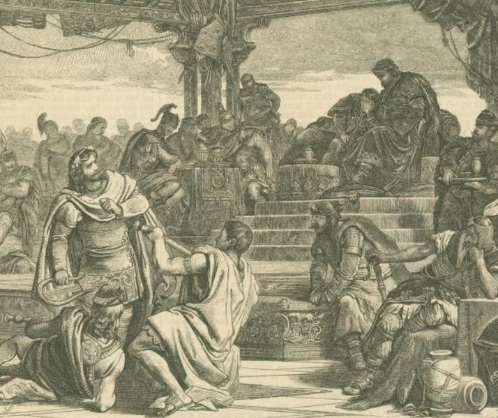 A dramatic scene from the "Feast of Attila," showing the Huns in a grand hall, with Attila seated as figures around him engage in gestures of submission, conflict, or tribute.