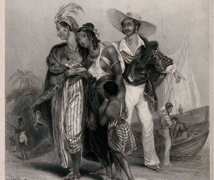 Two Black women and a child being led away into slavery by a Spanish trader near Lake Chad.