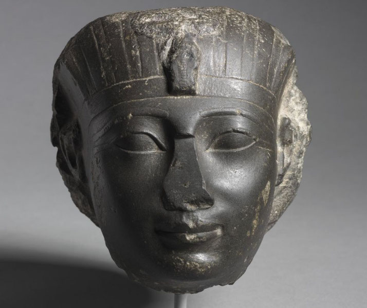 Graywacke head possibly depicting Hatshepsut or Tuthmosis III, reflecting shared royal features and sculptural styles.